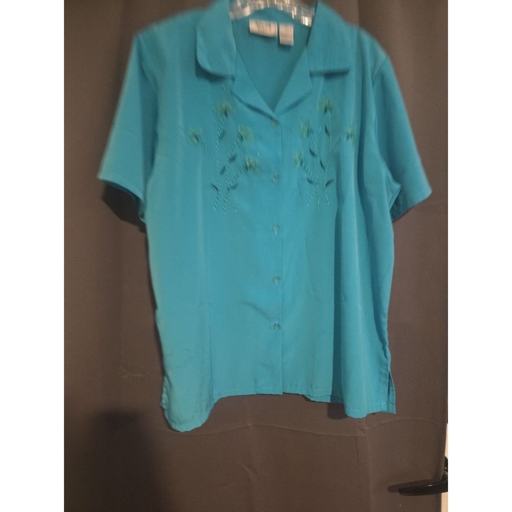 Kenneth Too! Turquoise Embroidered Floral Button Up, Women's Large Blouse, Vtg‎